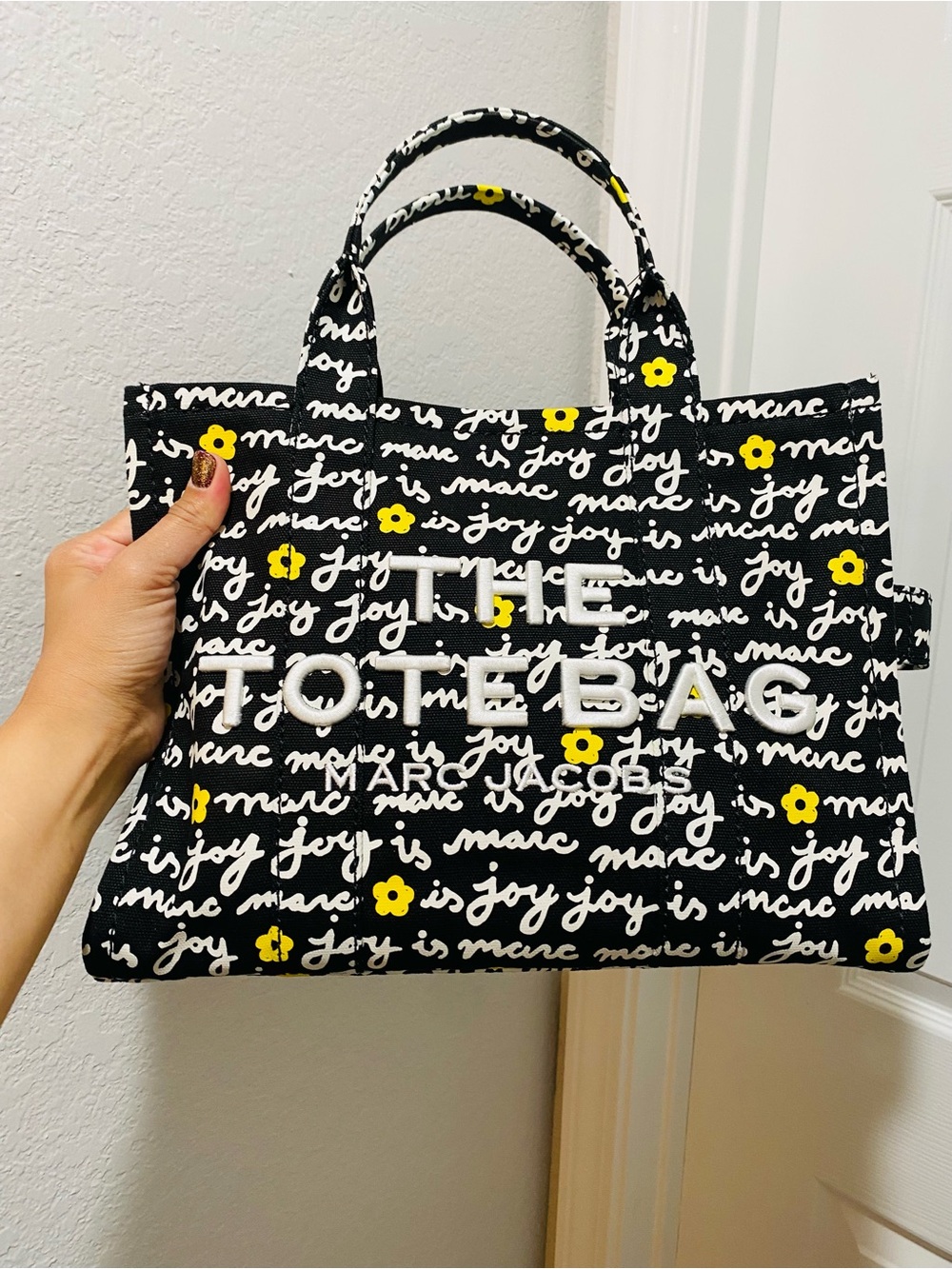 Marc Jacobs Black Floral Script Tote with Yellow Accents